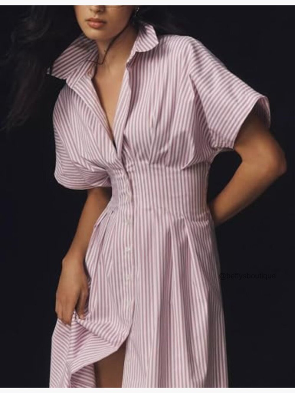 Striped Button Down Pleated Shirt Maxi Dress Summer Lapel V Neck Short Sleeve - Picture 2 of 5